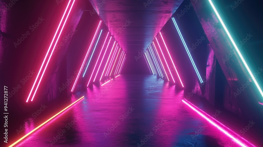 Poster 3d render featuring vibrant neon lines illuminating a dark space minimalist geometric design with an