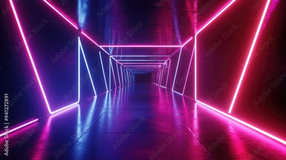 Poster 3d render featuring vibrant neon lines illuminating a dark space minimalist geometric design with an