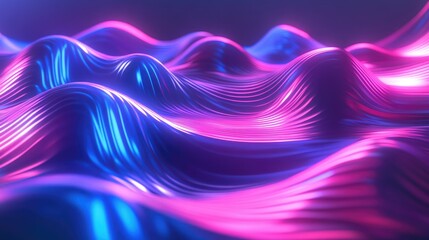 3D render featuring an abstract background illuminated with pink and blue neon lights showcasing glowing wavy lines and curvy shapes for a futuristic minimalistic wallpaper design