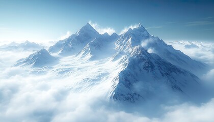 Panoramic view of snowy mountains in the clouds. Winter landscape , no texte, no titre in picture ,cinematic lighting, design stage design