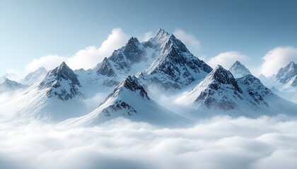 Obraz premium Panoramic view of snowy mountains in the clouds. Winter landscape , no texte, no titre in picture ,cinematic lighting, design stage design