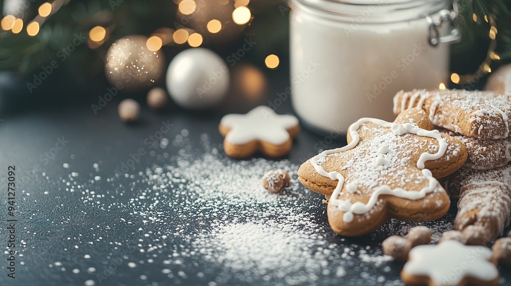 Poster a table with cookie piles next to a snowflake jar and tree