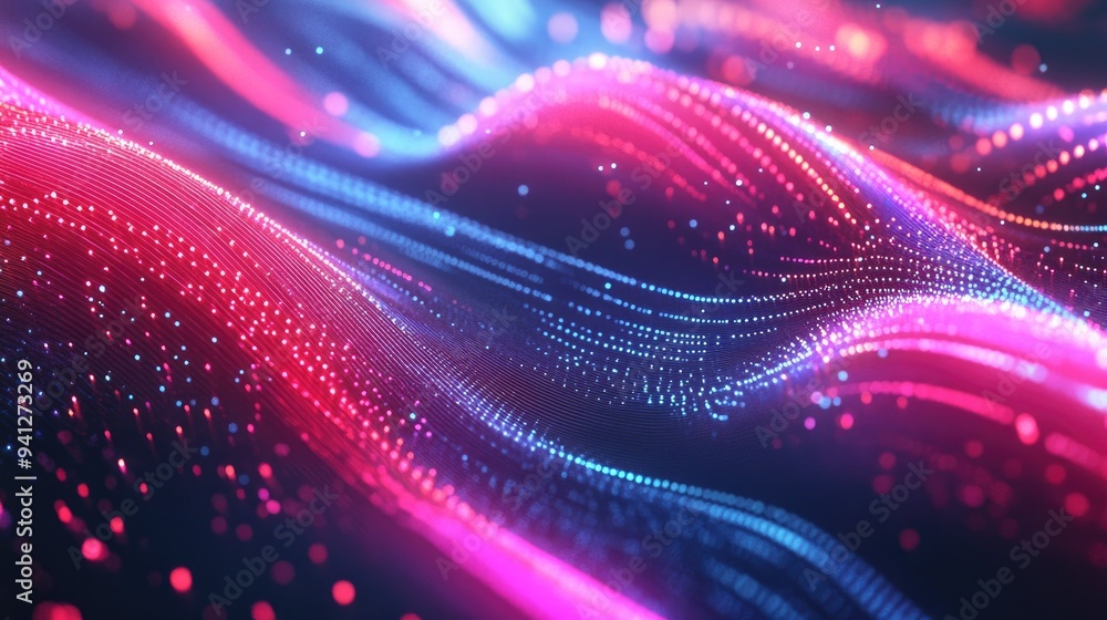 Poster 3d render of an abstract background featuring a wavy neon ribbon with luminous lights symbolizing te