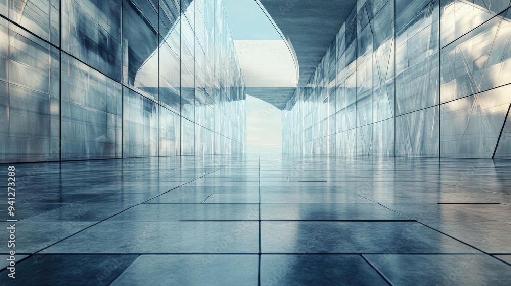 Poster 3d render of an abstract futuristic architectural backdrop featuring a vacant reflective concrete ti