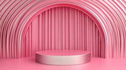 3D render of an abstract minimal futuristic pink background featuring an empty cylindrical podium stage with a square silver art deco frame designed as a blank showcase stand for product display