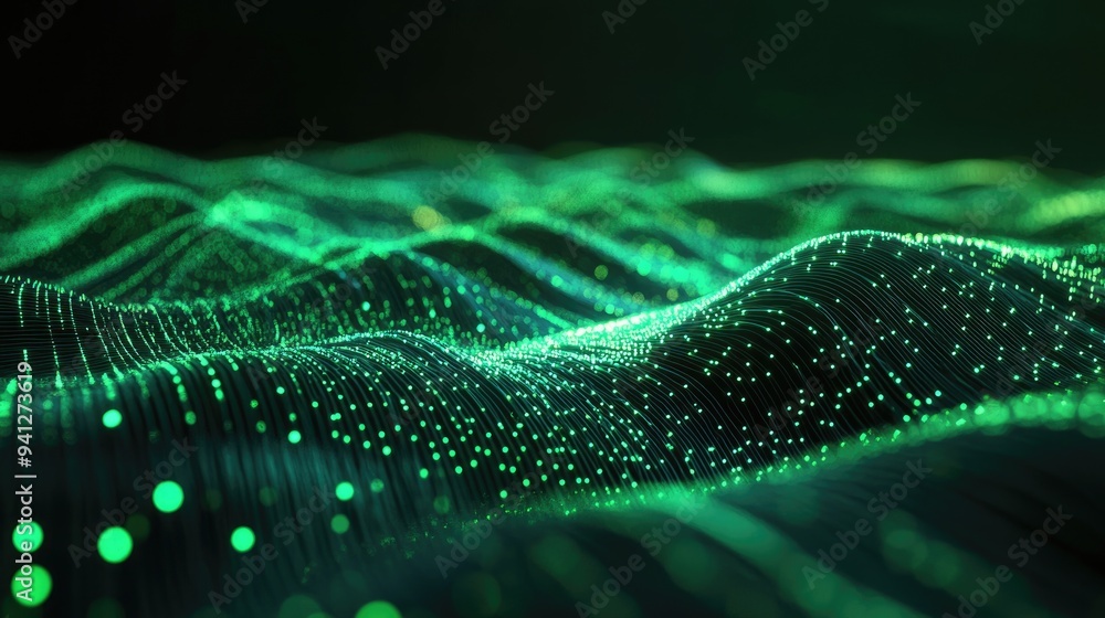 Poster 3d render of an abstract wallpaper featuring digital data transfer with green glowing lines on a bla