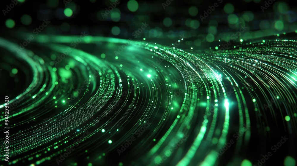 Poster 3d render of an abstract wallpaper featuring digital data transfer with green glowing lines on a bla