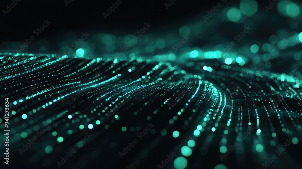 Poster 3d render of an abstract wallpaper featuring digital data transfer with green glowing lines on a bla