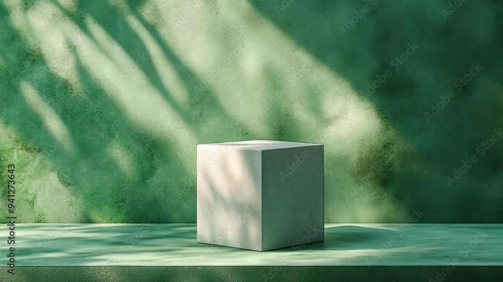 Poster minimalist white cube placed on a green surface with strong shadows, creating a modern and abstract 