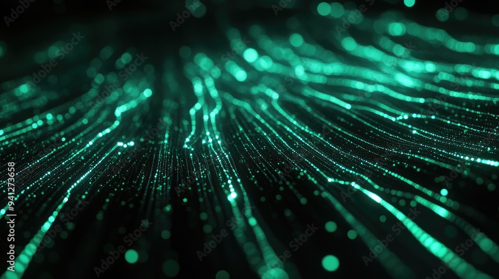 Poster 3d render of an abstract wallpaper featuring digital data transfer with green glowing lines on a bla