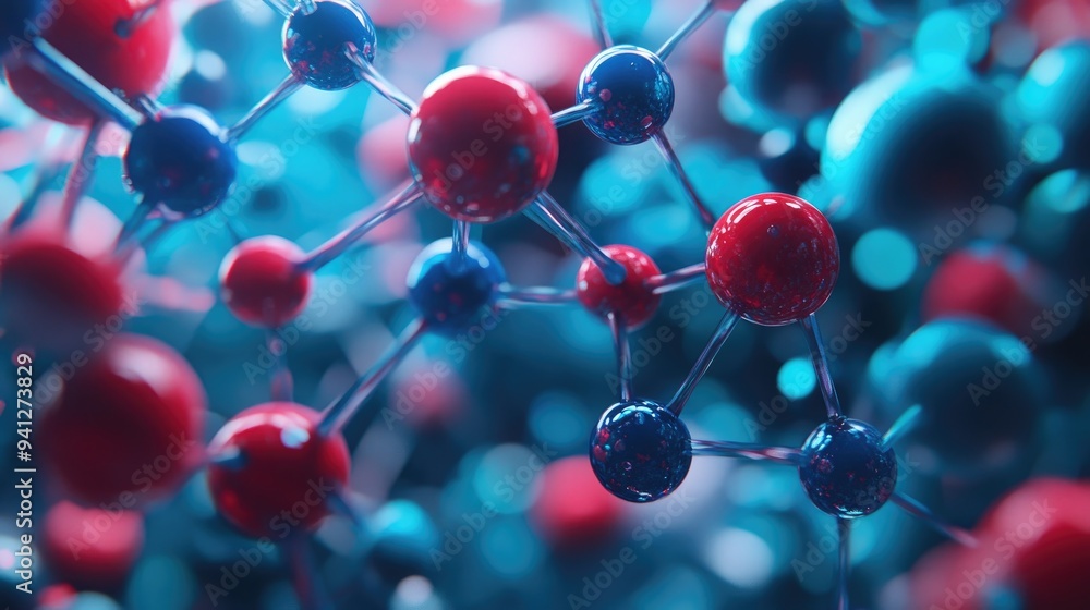 Poster 3d render of molecular structures in blue and red as a scientific concept background