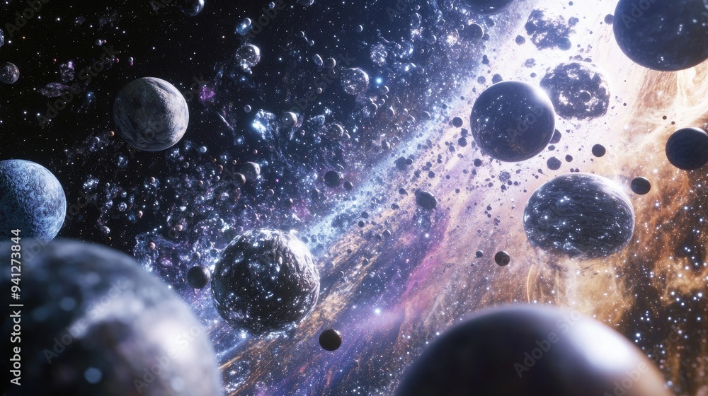 Poster 3d render of planets galaxies and the cosmos exploring themes of physical cosmology and science fict
