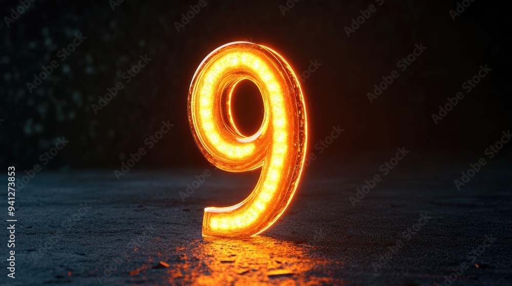 Poster 3D render of the glowing number nine in a dark background