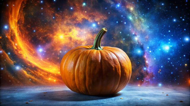 Pumpkin On A Cosmic Background, Autumn Fantasy.