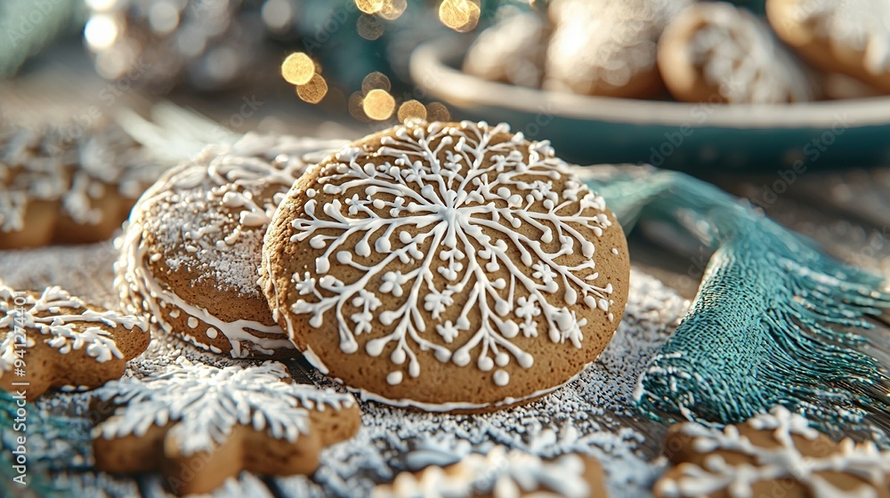 Aufkleber a photo of cookies close-up on a table with a christmas tree background and a cookie plate in the fo