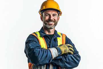 Worker wearing hard hat smiling positively