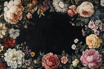Vintage flower background in art nouveau style with empty space for your text. Neutral warm colors abstract banner.flowers floral border on black background with copy space for mock up idea.