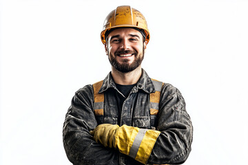 Worker wearing hard hat smiling positively