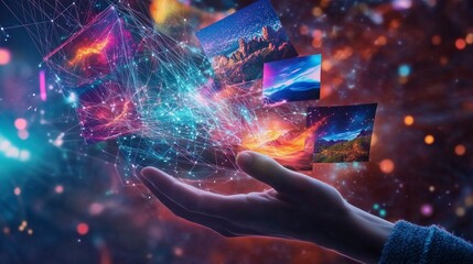 Human hand holding multiple colorful screens of images. Generative AI
