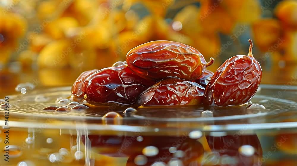 Poster footage a close-up of shiny, red dates resting on a reflective surface with a blurred background.