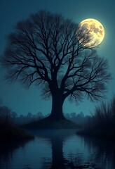 Naklejka premium Nature's Reflection: A Large Tree Stands Proudly, Its Image Mirrored in the Calm Waters Below