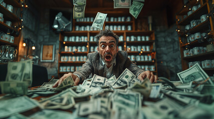An amazed man in an office is surrounded by a cascade of falling dollars.