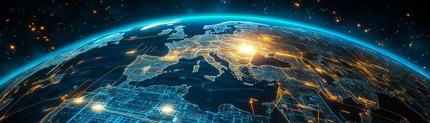 International freight forwarding, holographic globe with cargo routes, bright blue and gold accents, high-tech global logistics