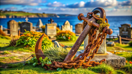 Fototapeta premium Rusty Anchor Resting In A Graveyard Overlooking The Ocean.