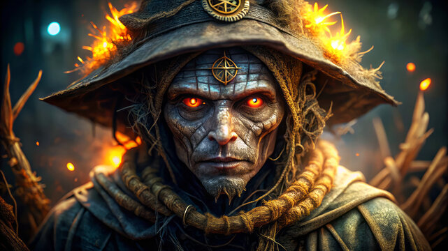 Burning Witch With Glowing Eyes In A Dark Forest.
