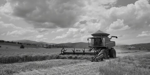 Fototapeta premium A farmer operating a combine harvester in a field, collecting crops