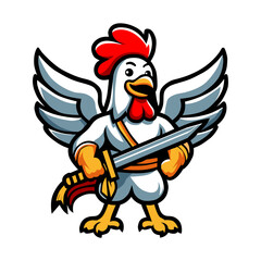 a cartoon of a rooster with a sword and shield.
