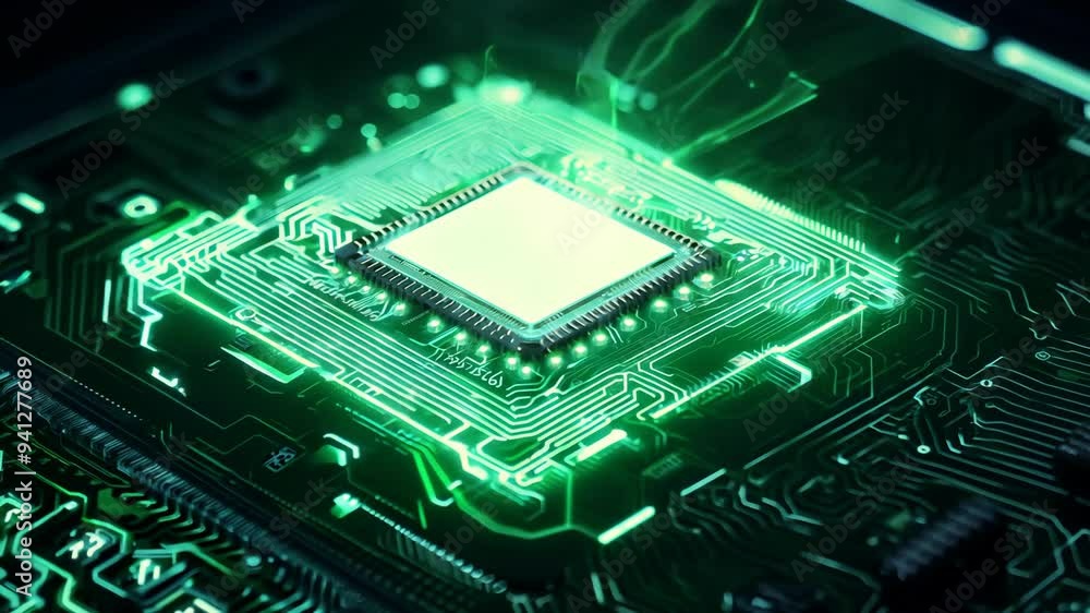 Poster exploring the intricate design of a chip on a circuit board during a tech demonstration