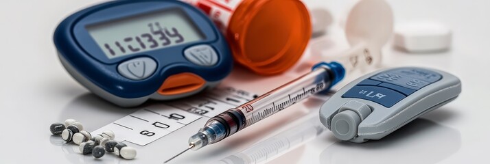 A collection of diabetes management tools including a glucometer, insulin syringe, and medication.