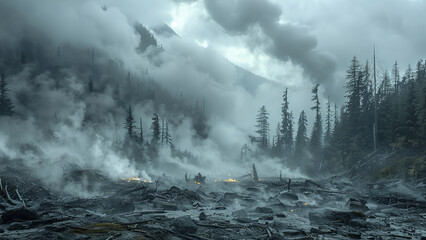 Ancient Chinese battlefield shrouded in mist with towering mountains in the background.