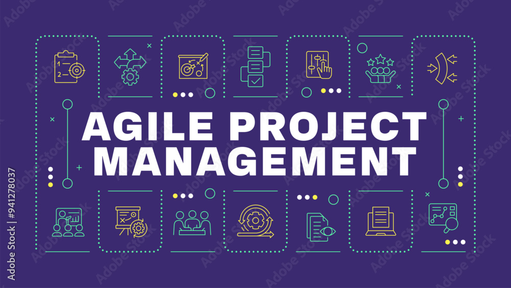 Aufkleber agile project management purple word concept. project documentation, market analysis. horizontal vec