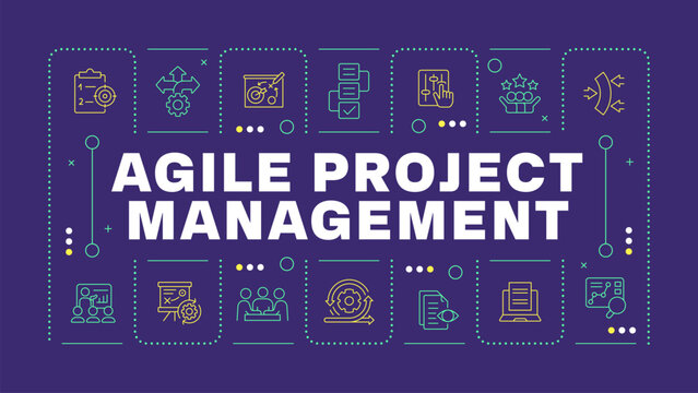 Agile project management purple word concept. Project documentation, market analysis. Horizontal vector image. Headline text surrounded by editable outline icons. Hubot Sans font used