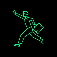 Business people running. Leader couching manager walking with team holding flag vector leadership concept,  Line Art Icon Set.