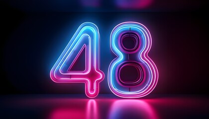3d neon light number 48 glowing in the dark, pink blue neon light	