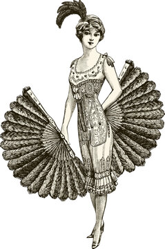Girl dancing with fan vintage illustration with transparent background