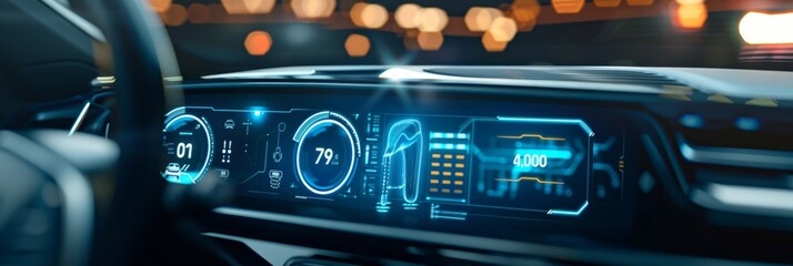 A cuttingedge digital car dashboard interface displayed at night, showcasing advanced technology with speedometer, information display, and futuristic design elements in a glowing illumination