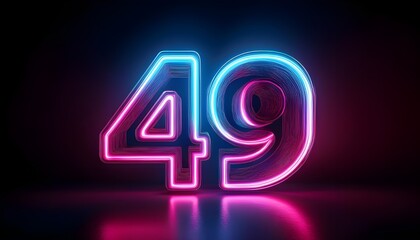 3d neon light number 49 glowing in the dark, pink blue neon light	
