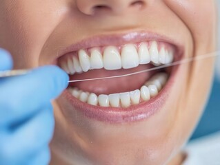 Fototapeta premium A patient in a dental chair being shown how to use string floss by a dentist, underlining the importance of flossing for daily prevention and long term oral health