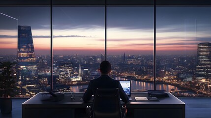 1. An office worker in a sleek suit, using a laptop at a modern desk with city views