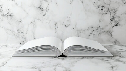 Blank hardcover book mockup on a marble surface with customizable cover.
