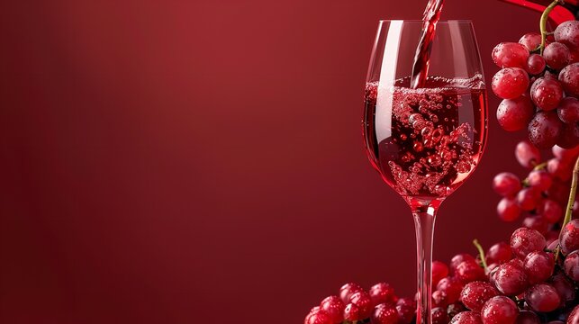 A close-up of a red wine glass with red grapes set against a clean red background in a studio with text space available, Generative AI.