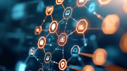 Dynamic network connection visualization with glowing links and icons representing technology and innovation concepts.