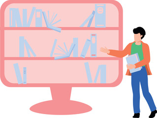 The boy is reading a book online.