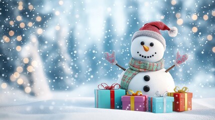 Fototapeta premium A cute, funny snowman with a wool hat and scarf is laughing. The concept embodies the cheerful and playful spirit of winter and Christmas. Generative AI.