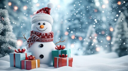 Fototapeta premium A cute, funny snowman with a wool hat and scarf is laughing. The concept embodies the cheerful and playful spirit of winter and Christmas. Generative AI.