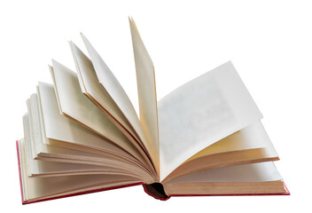 old vintage open book, blank page from the side view isolated on white background.